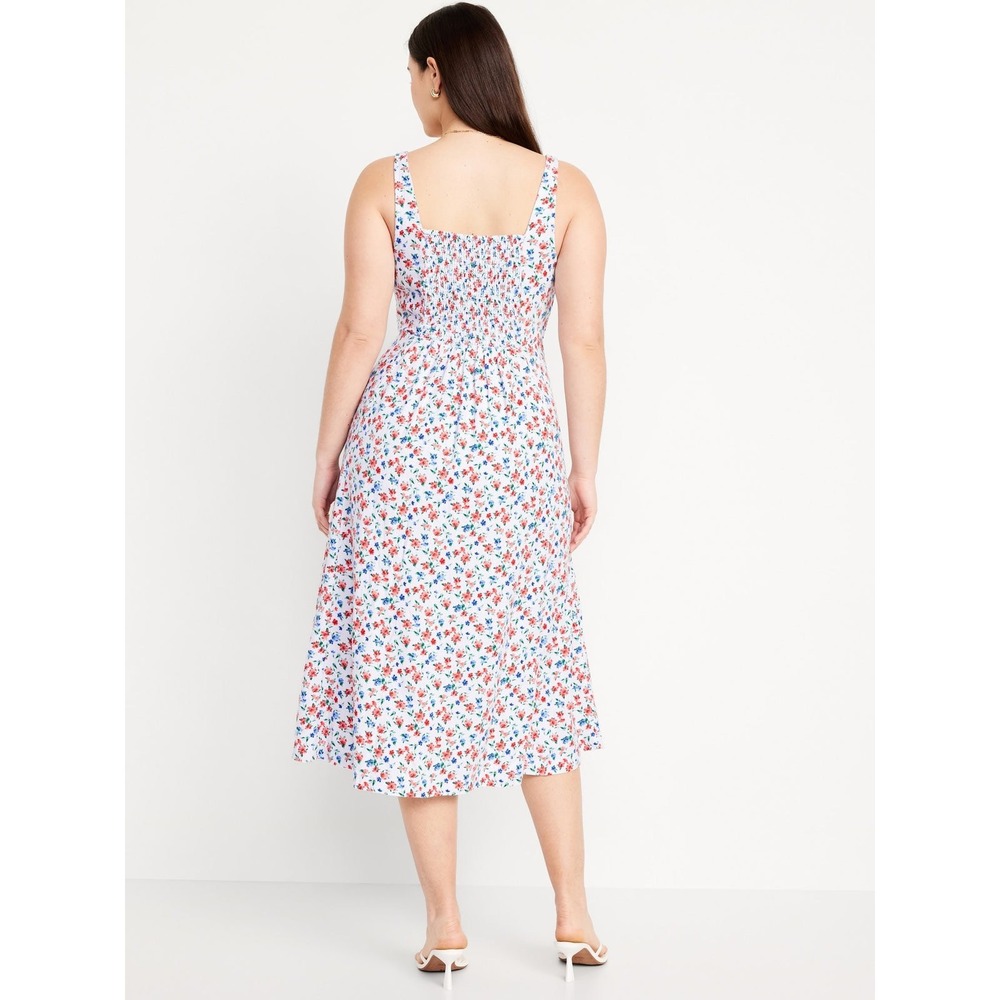 Floral Romantic Linen Notched sweetheart Neckline Smocked Back Dress w pockets - Picture 9 of 10